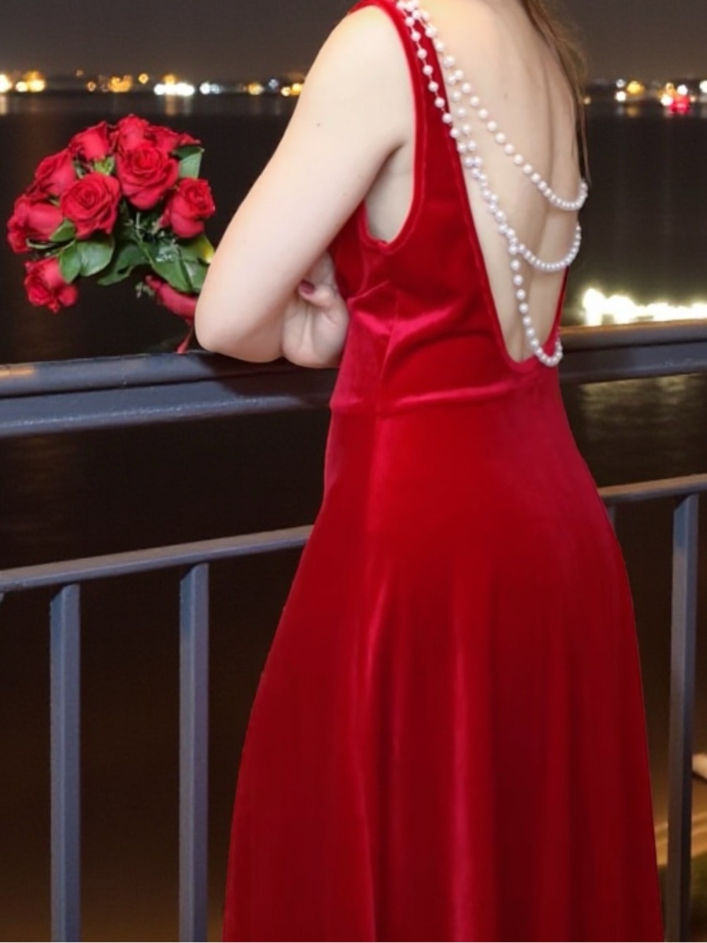 Elegant Red Velvet Backless Evening Dress with Pearl Straps size S